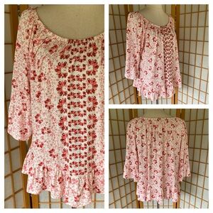 Style & Co Pink Floral Ruffled Boho Pheasant Top SZ L NWT